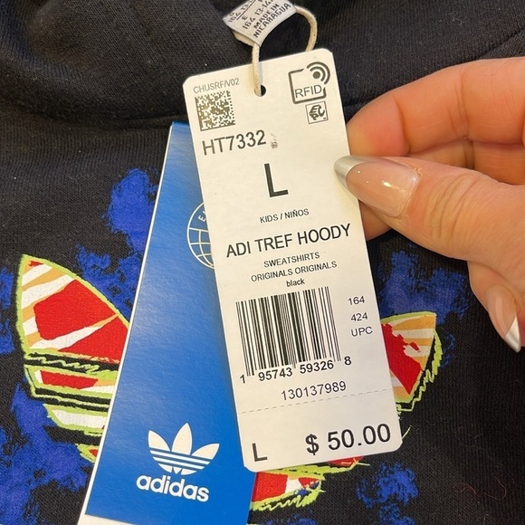 NWT Adidas Trefoil Hoodie Black Kids Large L Unisex - Picture 5 of 6